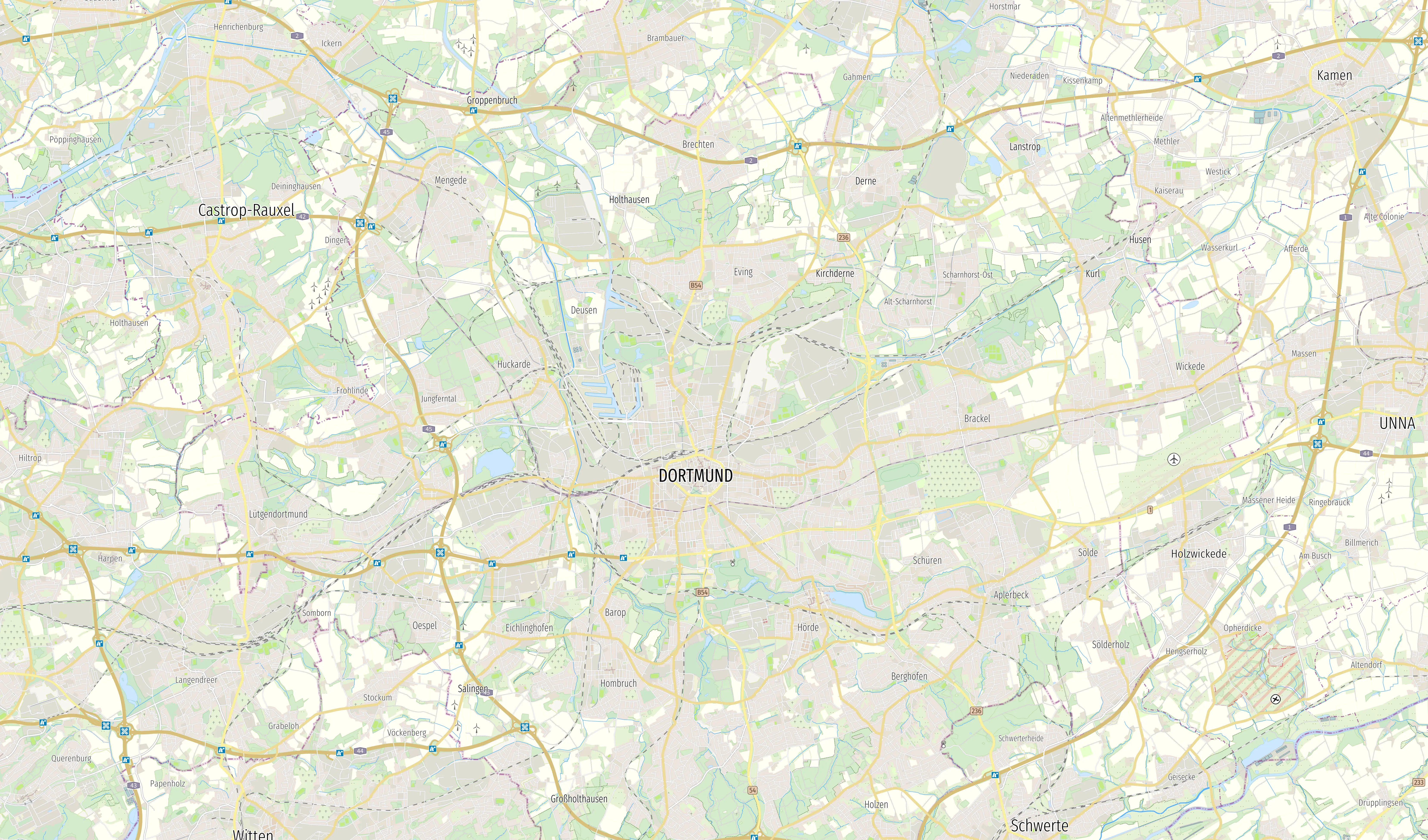 Digitale topografische Karte von Dortmund und Umgebung mit Straßen, Flüssen und Stadtgrenzen.