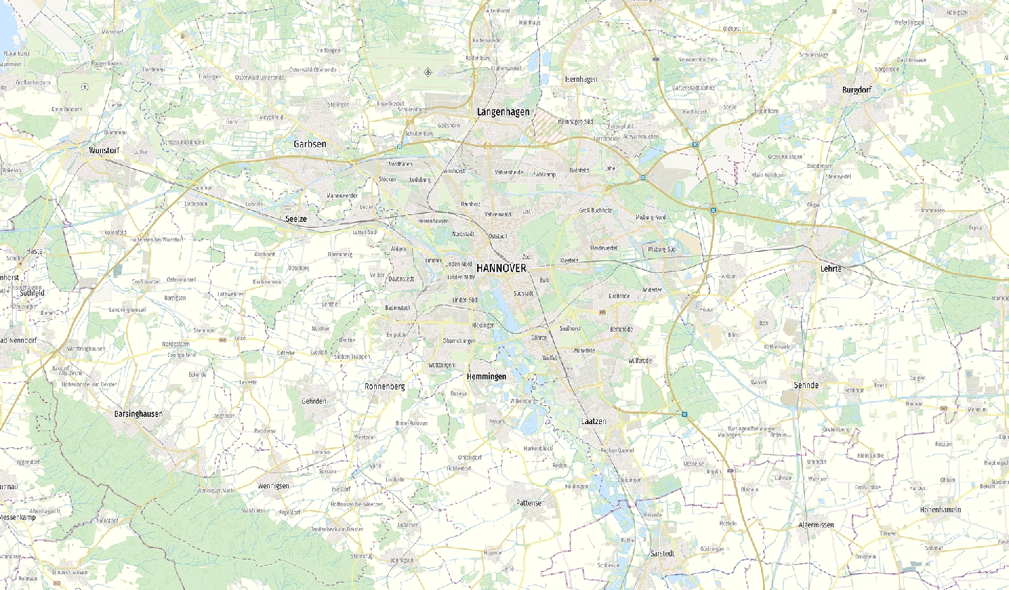 Detaillierte Übersichtskarte von Hannover mit umliegenden Ortschaften und Infrastruktur.
