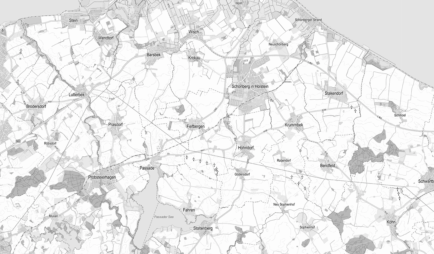 Schwarz-Weiß-Karte von Schönberg in Holstein und Umgebung mit geografischen Details.