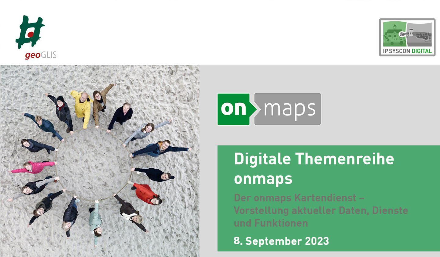 Ankündigung der digitalen Themenreihe "onmaps" mit einer Gruppe von Menschen, die einen Kreis auf Sand bilden.