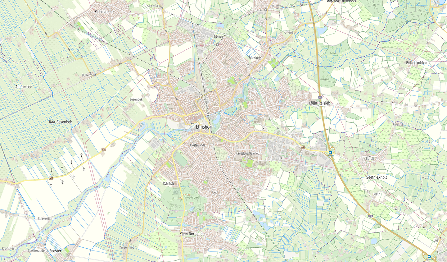 Detailkarte von Elmshorn mit Straßen, Gebäuden und landwirtschaftlichen Flächen