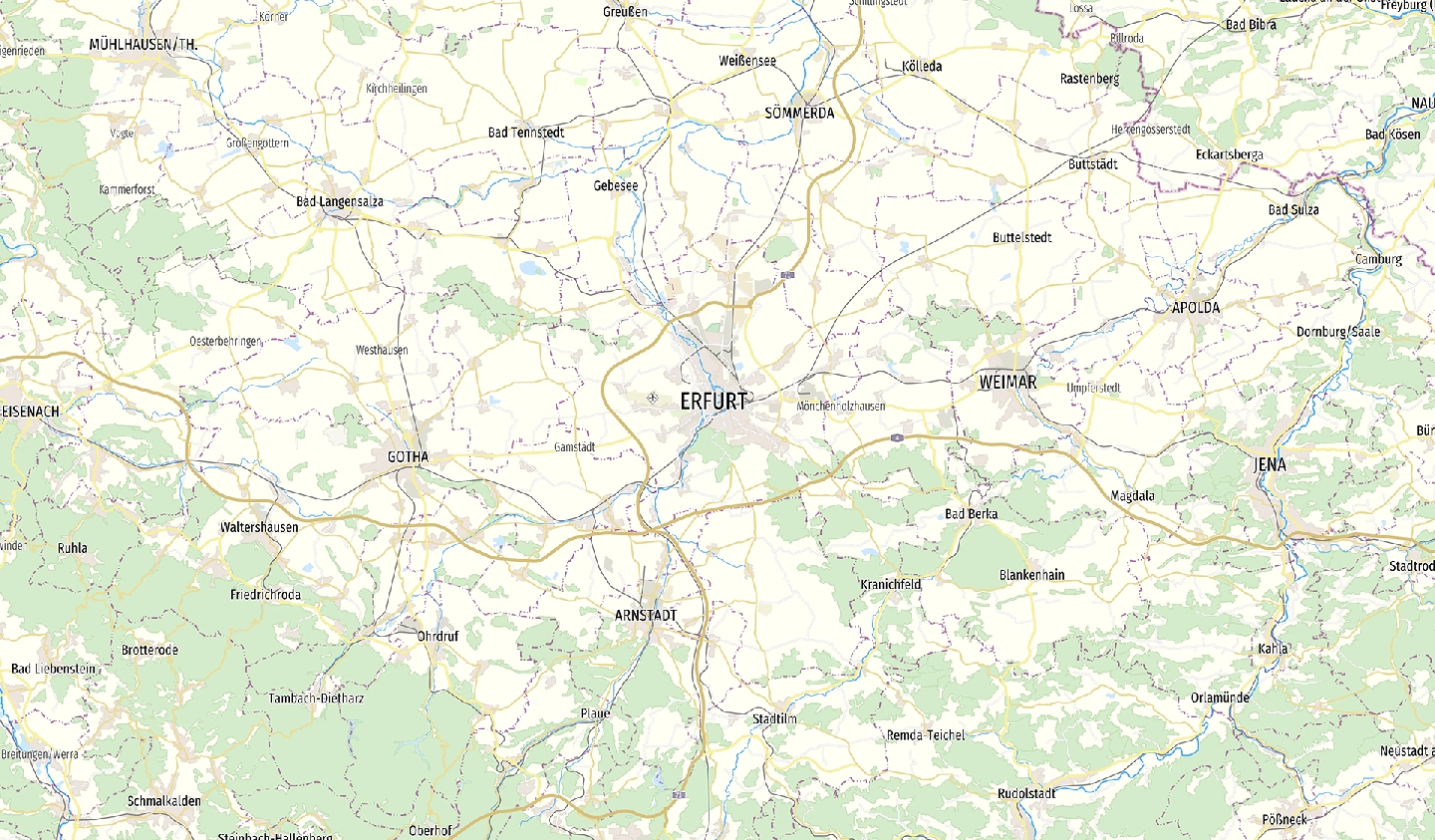 Topografische Karte von Erfurt und Umgebung, mit detaillierten Straßen, Städten und Grünflächen.
