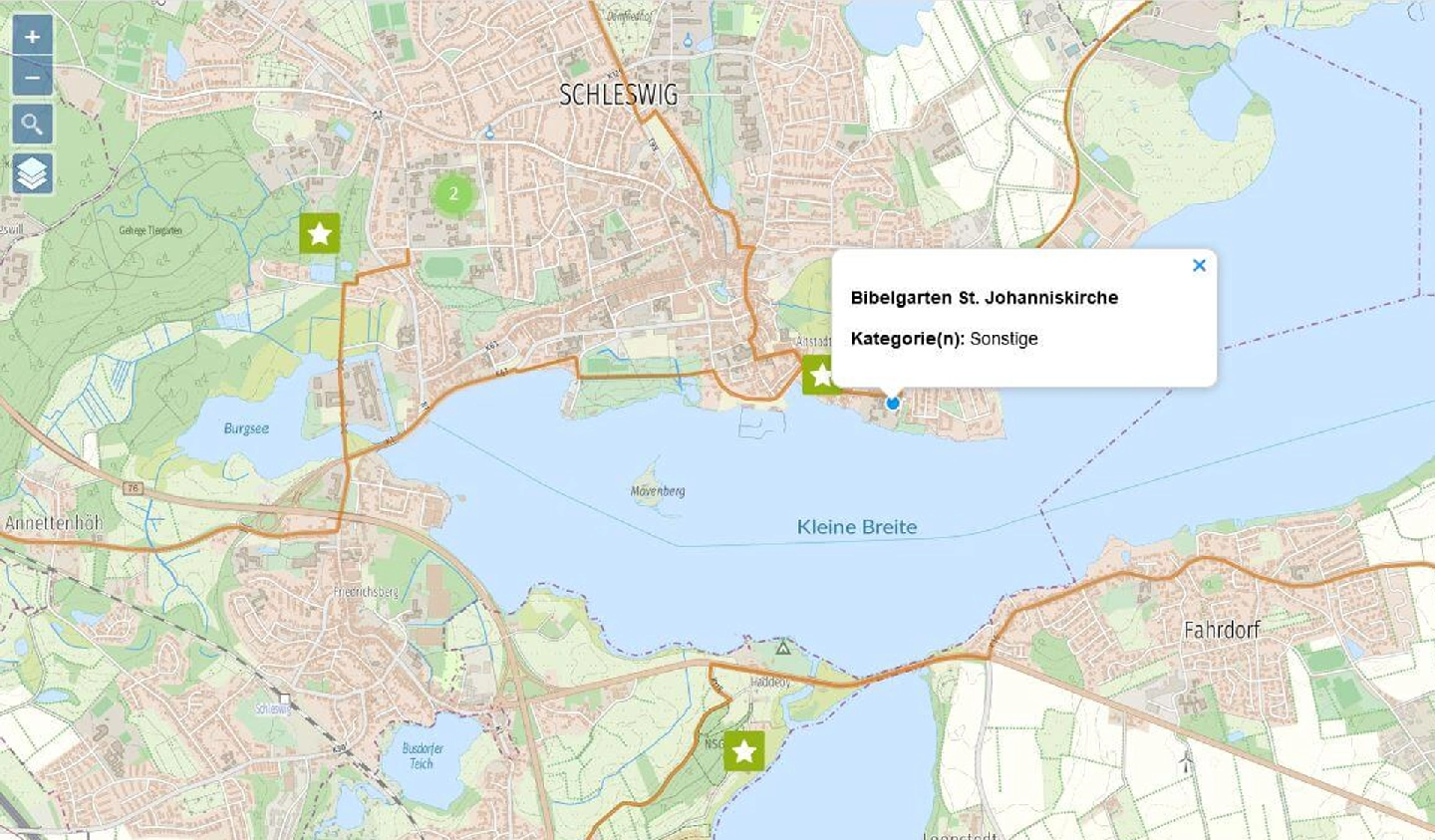Interaktive Karte mit Standortmarkierungen und Informationen zu Gärten und Sehenswürdigkeiten in Schleswig.