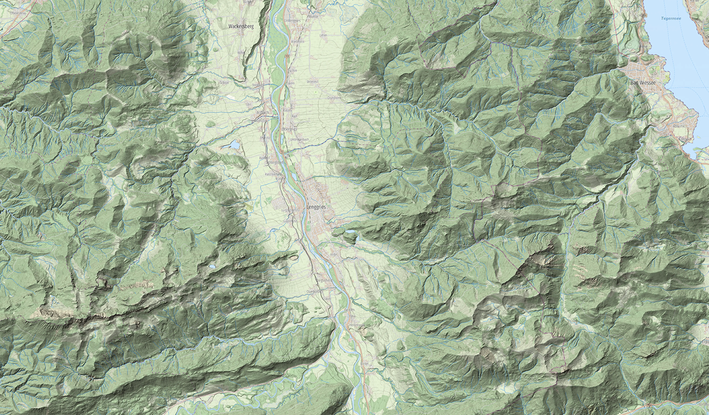 Digitale Geländemodell-Karte von Bayern mit topografischer Schummerung.