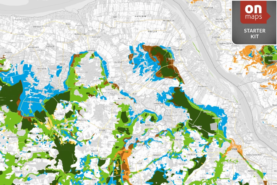 Kartenausschnitt mit Schutzgebieten aus dem onmaps StarterKit Planung & Genehmigung – Natur-, Landschafts- und Wasserschutzgebiete farblich dargestellt