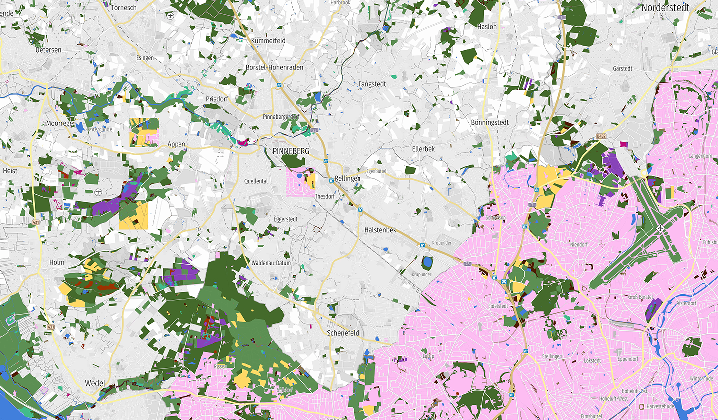 Umweltkarte von Hamburg und Umgebung mit farblichen Markierungen für Biotope.